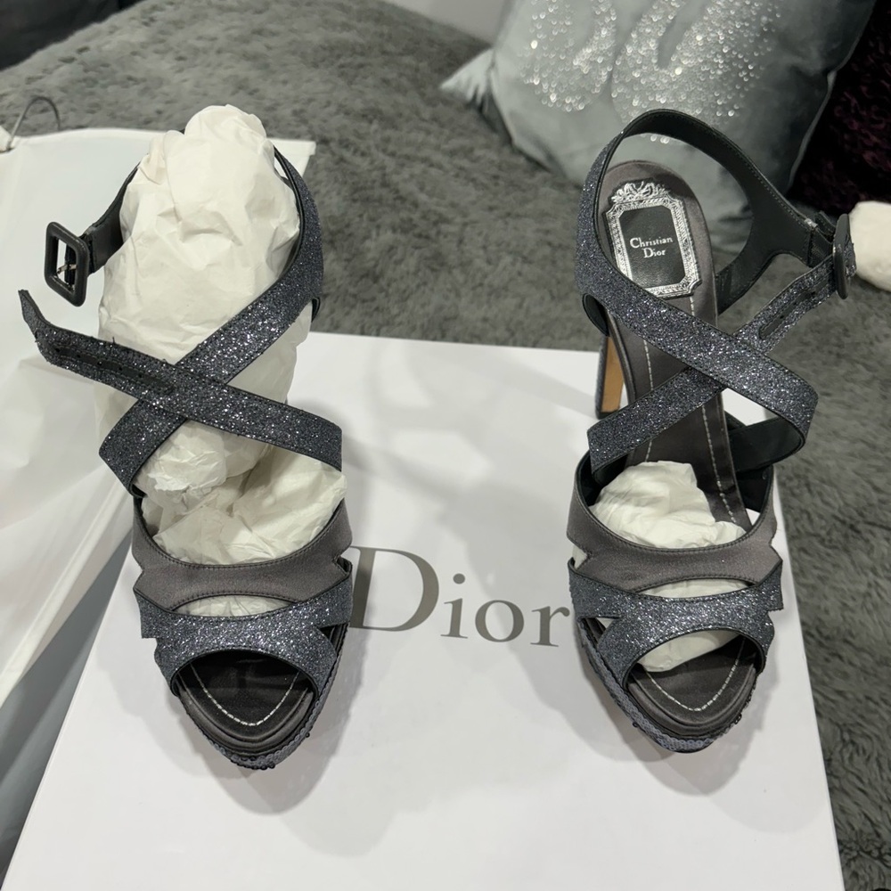 Christian Dior silver grey satin/ glitter/sequin heels 38.5